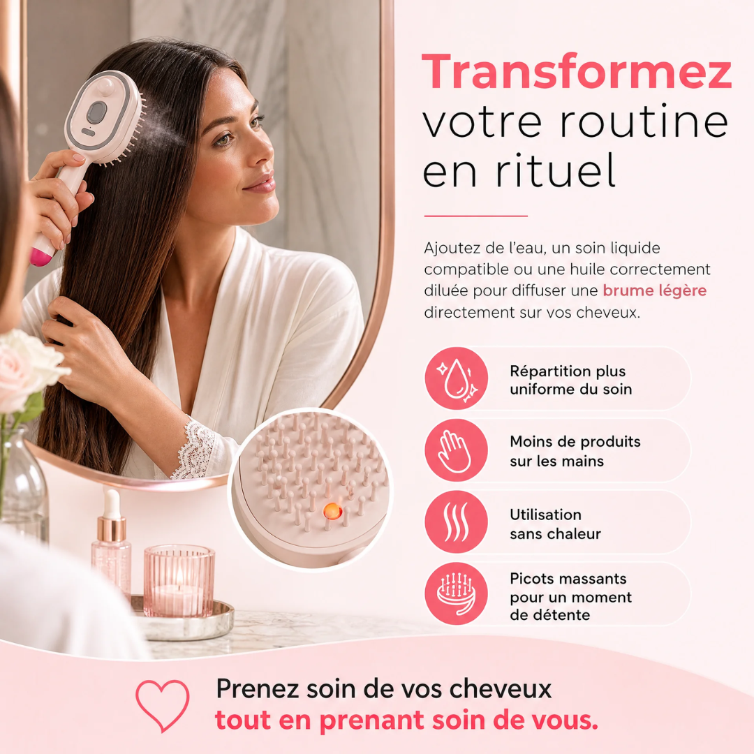 Brosse brumisatrice 3-en-1 — Démêle, hydrate et masse tous les types de cheveux